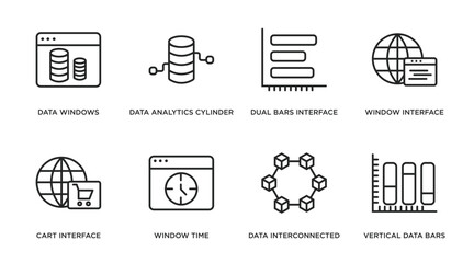 Poster - user interface outline icons set. thin line icons such as data windows, data analytics cylinder, dual bars interface, window interface, cart window time, data interconnected, vertical bars vector.