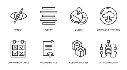 Poster - user interface outline icons set. thin line icons such as hidden, justify, labels, download from the cloud, comparision table, uploading file, cube of squares, data connection vector.