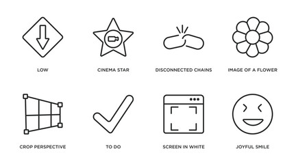 Poster - user interface outline icons set. thin line icons such as low, cinema star, disconnected chains, image of a flower, crop perspective, to do, screen in white, joyful smile vector.