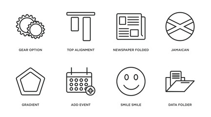 Poster - user interface outline icons set. thin line icons such as gear option, top alignment, newspaper folded, jamaican, gradient, add event, smile smile, data folder vector.