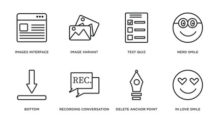 Poster - user interface outline icons set. thin line icons such as images interface, image variant, test quiz, nerd smile, bottom, recording conversation, delete anchor point, in love smile vector.