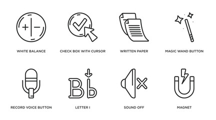 Poster - user interface outline icons set. thin line icons such as white balance, check box with cursor, written paper, magic wand button, record voice button, letter i, sound off, magnet vector.