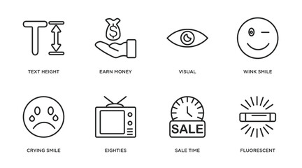 Poster - user interface outline icons set. thin line icons such as text height, earn money, visual, wink smile, crying smile, eighties, sale time, fluorescent vector.