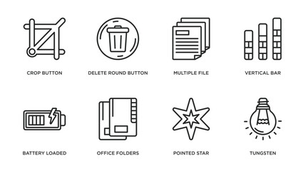 Poster - user interface outline icons set. thin line icons such as crop button, delete round button, multiple file, vertical bar, battery loaded, office folders, pointed star, tungsten vector.
