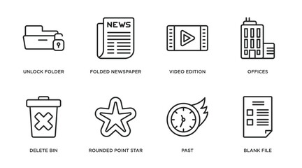 Poster - user interface outline icons set. thin line icons such as unlock folder, folded newspaper, video edition, offices, delete bin, rounded point star, past, blank file vector.