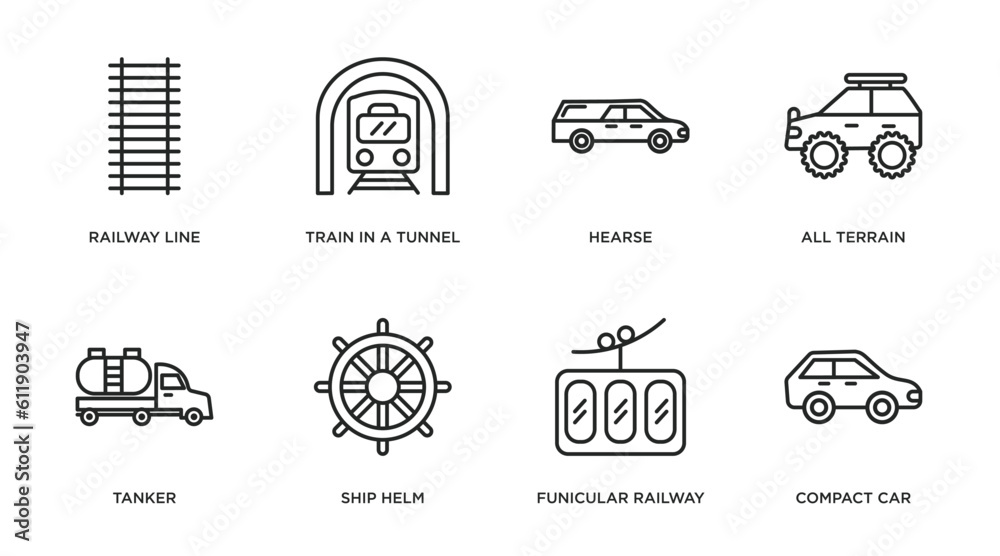 transportation outline icons set. thin line icons such as railway line ...