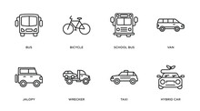 Transportation Outline Icons Set. Thin Line Icons Such As Bus, Bicycle, School Bus, Van, Jalopy, Wrecker, Taxi, Hybrid Car Vector.