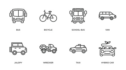 Poster - transportation outline icons set. thin line icons such as bus, bicycle, school bus, van, jalopy, wrecker, taxi, hybrid car vector.