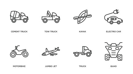Poster - transportation outline icons set. thin line icons such as cement truck, tow truck, kayak, electro car, motorbike, jumbo jet, truck, quad vector.