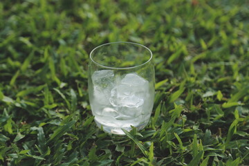 a glass of water with ice on nature background...