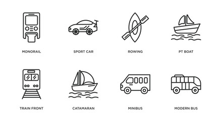 Poster - transportation outline icons set. thin line icons such as monorail, sport car, rowing, pt boat, train front, catamaran, minibus, modern bus vector.