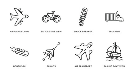 Poster - transport outline icons set. thin line icons such as airplane flying, bicycle side view, shock breaker, trucking, bobsleigh, flights, air transport, sailing boat with veils vector.