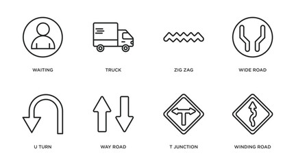 Poster - traffic signs outline icons set. thin line icons such as waiting, truck, zig zag, wide road, u turn,