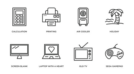 Poster - technology outline icons set. thin line icons such as calculation, printing, air cooler, holiday, screen blank, laptop with a heart, old tv, sega gamepad vector.