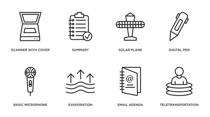 Poster - technology outline icons set. thin line icons such as scanner with cover, summary, solar plane, digital pen, basic microphone, evaporation, email agenda, teletransportation vector.