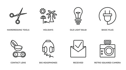 Sticker - technology outline icons set. thin line icons such as hairdressing tools, holidays, old light bulb, basic plug, contact lens, big headphones, received, retro squared camera vector.