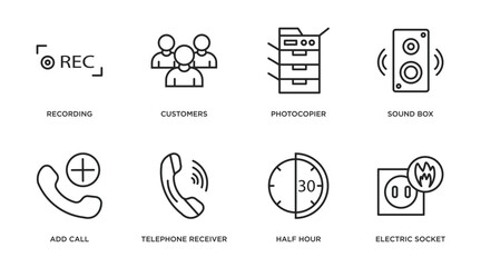 Poster - technology outline icons set. thin line icons such as recording, customers, photocopier, sound box, add call, telephone receiver, half hour, electric socket on fire vector.