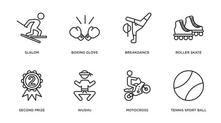 Poster - sports outline icons set. thin line icons such as slalom, boxing glove, breakdance, roller skate, second prize, wushu, motocross, tennis sport ball vector.