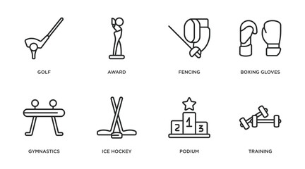 Poster - sport outline icons set. thin line icons such as golf, award, fencing, boxing gloves, gymnastics, ice hockey, podium, training vector.