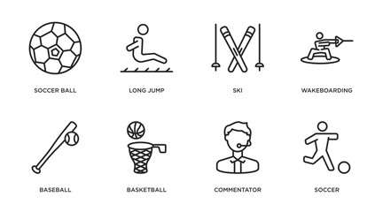 Poster - sport outline icons set. thin line icons such as soccer ball, long jump, ski, wakeboarding, baseball