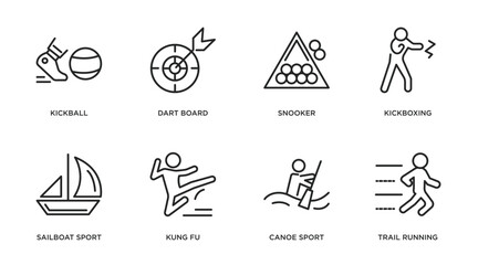 Poster - sport outline icons set. thin line icons such as kickball, dart board, snooker, kickboxing, sailboat