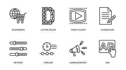 Poster - social media marketing outline icons set. thin line icons such as ecommerce, letter color, video player, suggestion, options, timeline, announcement, ads vector.
