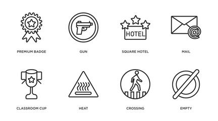 Poster - signs outline icons set. thin line icons such as premium badge, gun, square hotel, mail, classroom c