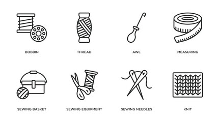 Poster - sew outline icons set. thin line icons such as bobbin, thread, awl, measuring, sewing basket, sewing equipment, sewing needles, knit vector.