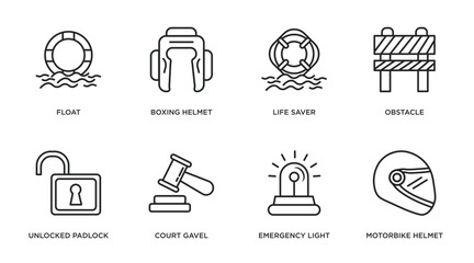 Poster - security outline icons set. thin line icons such as float, boxing helmet, life saver, obstacle, unlo