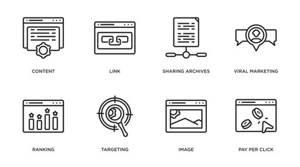 Poster - search engine optimization outline icons set. thin line icons such as content, link, sharing archives, viral marketing, ranking, targeting, image, pay per click vector.