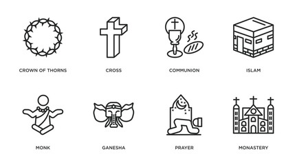 Wall Mural - religion outline icons set. thin line icons such as crown of thorns, cross, communion, islam, monk, ganesha, prayer, monastery vector.