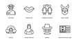 people outline icons set. thin line icons such as old man, seductive, lesbian couple, devil mask, grace, arab woman, zorro, identification ard vector.