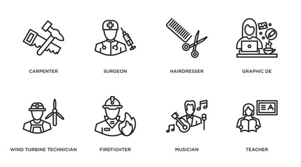 Poster - professions outline icons set. thin line icons such as carpenter, surgeon, hairdresser, graphic de, wind turbine technician, firefighter, musician, teacher vector.