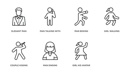 Poster - people outline icons set. thin line icons such as elegant man, man talking with phone, man boxing, girl walking, couple kissing, singing, girl kid avatar, dancing girl vector.