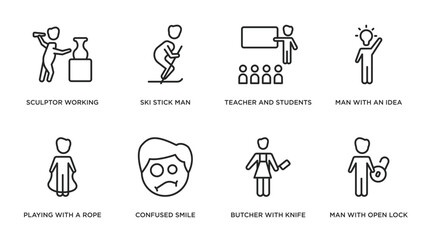 Poster - people outline icons set. thin line icons such as sculptor working, ski stick man, teacher and students, man with an idea, playing with a rope, confused smile, butcher with knife, man open lock