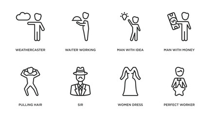 Canvas Print - people outline icons set. thin line icons such as weathercaster, waiter working, man with idea, man with money, pulling hair, sir, women dress, perfect worker vector.