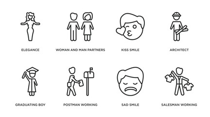 Poster - people outline icons set. thin line icons such as elegance, woman and man partners, kiss smile, architect, graduating boy, postman working, sad smile, salesman working vector.