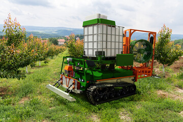 Aufkleber - Autonomous robot sprayer works in a fruit garden. Smart farming concept	
