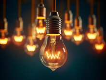 Multiple Retro-style Light Bulbs Hang From The Ceiling In A Dark Room, Casting A Nostalgic Glow. They Create A Captivating Vintage Ambiance. Idea Concept. Teamwork. AI Generative Illustration.