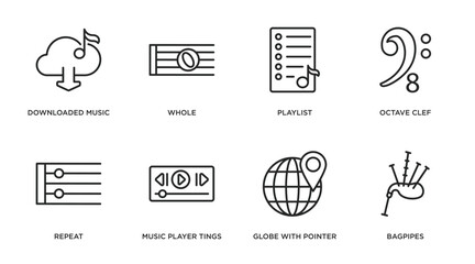 Poster - music and media outline icons set. thin line icons such as downloaded music cloud, whole, playlist, octave clef, repeat, music player tings, globe with pointer, bagpipes vector.