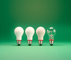 Poster - A row of 4 white light bulbs, capturing attention with one different bulb. Symbolic of the significance of differentiation and the power of choice. The concept of Idea. AI generative.