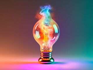 Poster - A colorful light bulb shines with creative brilliance, symbolizing ideas. Rainbow colors smoke. Creative idea concept. AI generative illustration art.