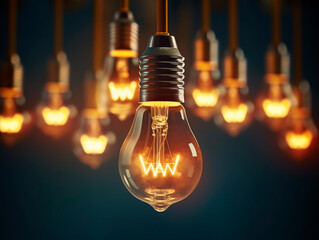 multiple retro-style light bulbs hang from the ceiling in a dark room, casting a nostalgic glow. the