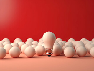 Poster - Many white light bulbs, capturing attention with one distinct huge bulb in the middle. Symbolic power of choice. The concept of Idea and Leadership. AI generative.