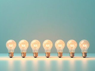 Poster - A row of glowing white light bulbs, capturing attention with symbolic power of choice. The concept of Idea. AI generative.