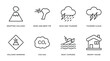 meteorology outline icons set. thin line icons such as erupting volcano, wind and bent fir, rain and thunder, thunder cloud, volcano warning, co2 gas, boat capsizes, snowy house vector.