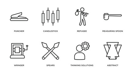 Poster - miscellaneous outline icons set. thin line icons such as puncher, candlestick, refugee, measuring spoon, wringer, spears, thinking solutions, abstract vector.