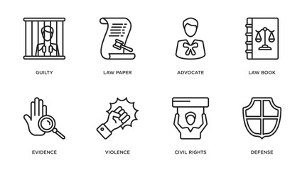 Poster - law and justice outline icons set. thin line icons such as guilty, law paper, advocate, law book, ev