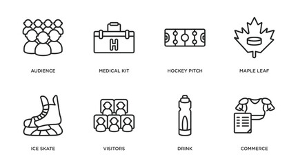 Poster - hockey outline icons set. thin line icons such as audience, medical kit, hockey pitch, maple leaf, i