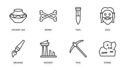 Sticker - history outline icons set. thin line icons such as ancient jar, bones, tool, face, brushes, ancient, pick, stone vector.